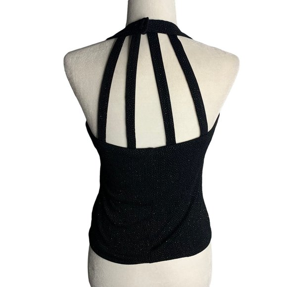 Vintage Y2K Xscape Cropped Halter Top S Black Metallic Button Neck Lined - Picture 5 of 7